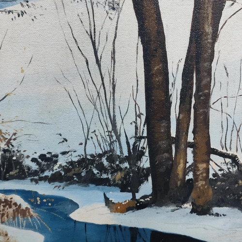 224 - Indistinctly signed, C.1977, oil on board of a winter scene, framed, 50 x 40cm