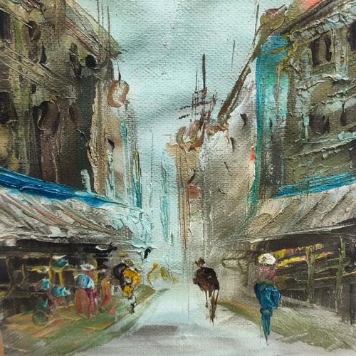 125 - Unsigned oil on laid down canvas, impasto street scene, framed and glazed, 23 x 17cm