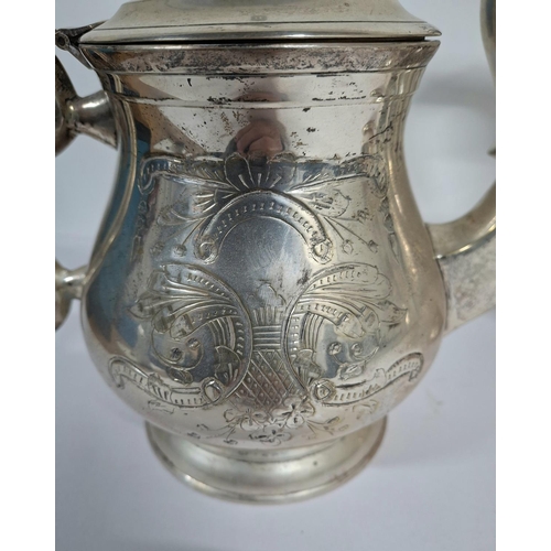 58 - Antique, very heavy, unmarked white metal, 4-part tea set with tea pot, hot water pot, sugar bowl an... 