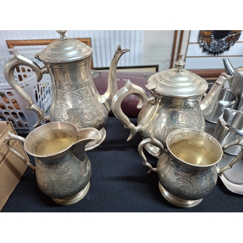 58 - Antique, very heavy, unmarked white metal, 4-part tea set with tea pot, hot water pot, sugar bowl an... 