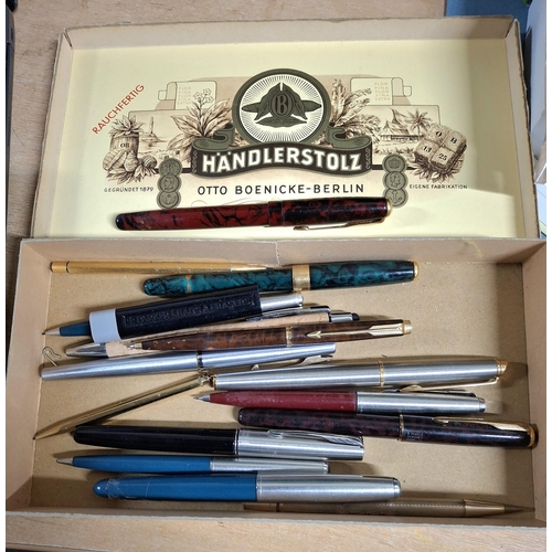 65 - Collection of quality ballpoint and fountain pens including a Parker 18ct gold nibbed example in a O... 