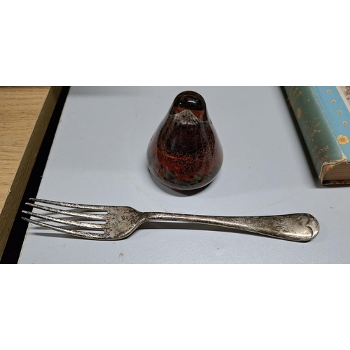 67 - Box of collectables including a large 1906 Sheffield silver fork (75 grams) etc (Qty)