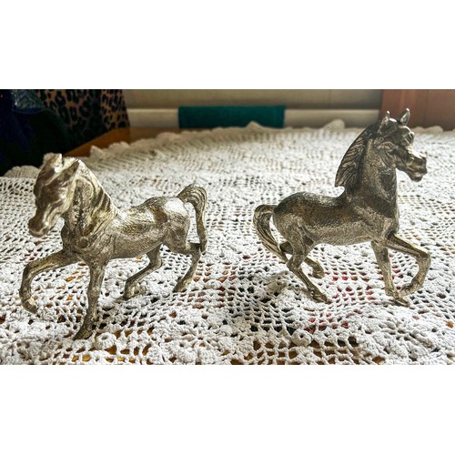 72 - Eleven white metal animal figurines, various sized, the largest being a pair of fighting Cocks, Hors... 