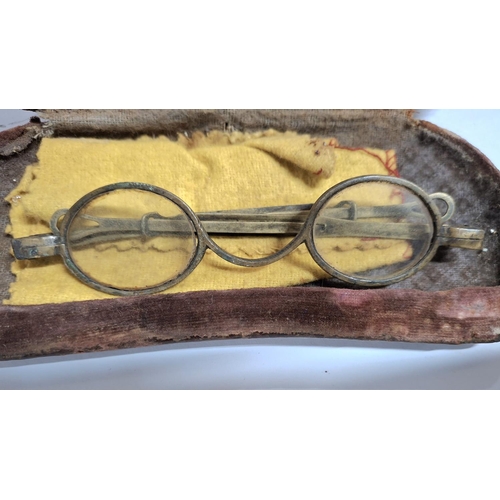 108 - Small collection of items to include an antique pair of spectacles with adjustable length, an inlaid... 