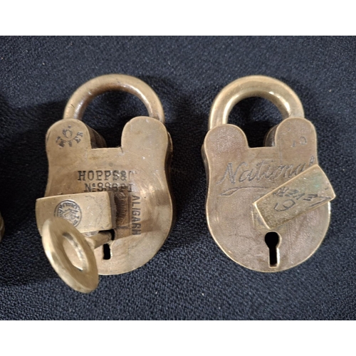 114 - Two heavy antique brass padlocks with 1 key (the key seems to work on both padlocks) and a large ant... 