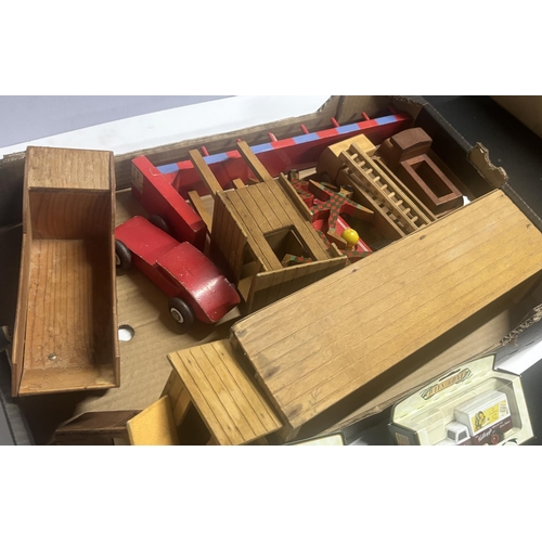 175 - Box of Wooden Vehicles and Buildings including 2 boxed cars