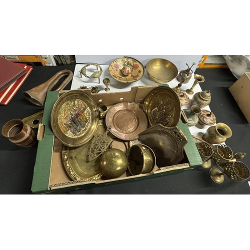 176 - Box of metalware including brass and copper