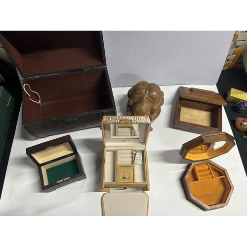 183 - empty boxes and a woodenfigure including Jewellery boxes