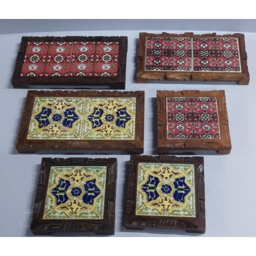 190 - old ceramic decorative tiles with carved wooden frames