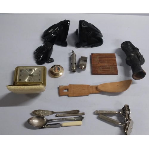 191 - collection of various items to include compact clock, old whistles and frog paperweights