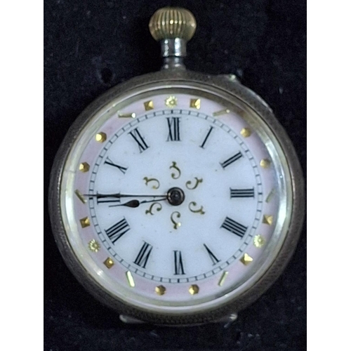 195 - Ladies 19thC central European 935 silver fob watch with enamel face and etched back