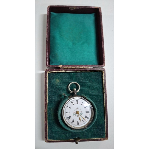 196 - Ladies 19thC central European 800 silver fob watch with enamel face and etched back in its original ... 