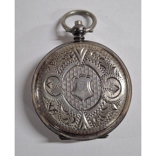 196 - Ladies 19thC central European 800 silver fob watch with enamel face and etched back in its original ... 