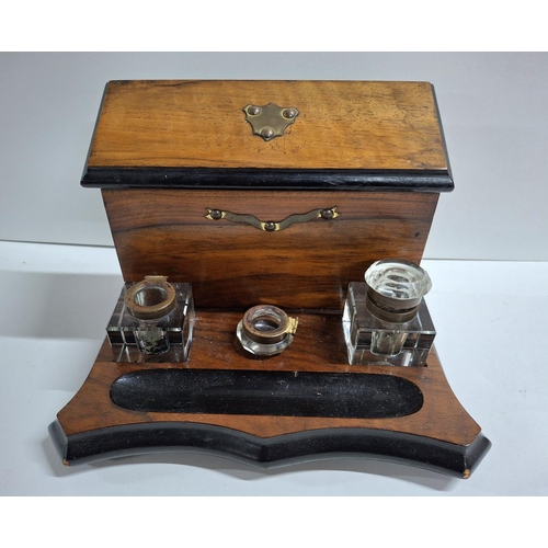 198 - Stylish antique wooden desk tidy complete with ink wells and letter rack