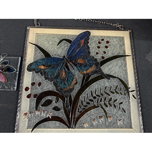 260 - Stained glass wall hanging zinc frame Butterfly and Foliage with 1 other