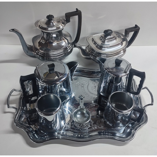 121 - Collection of Joseph Rogers & Sons and Swan Brand plated teapots and jugs with engraved serving tray... 