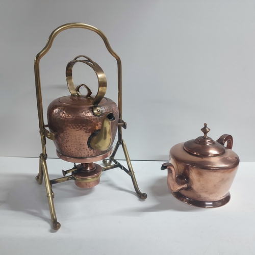 263 - Copper spirit kettle and Brass stand together with a singular Copper kettle (2)