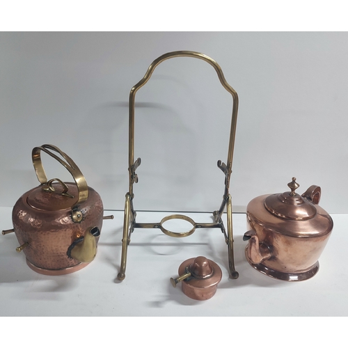 263 - Copper spirit kettle and Brass stand together with a singular Copper kettle (2)