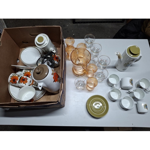 281 - Two boxes containing a 1970s Meakin coffee set incluing a ceramic/electric perculator pot together w... 