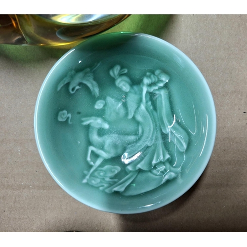 284 - Small vintage Murano green glass ashtray together with a pair of reproduction Lions etc