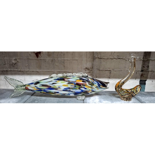 309 - Large Murano coloured glass fish together with a coloured glass Swan, possibly Venetian (2)