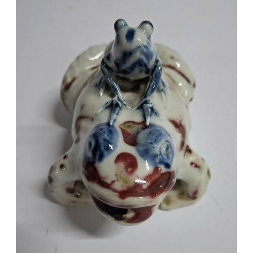 330 - Fine quality, unmarked, old Chinese pottery incense holder depicting a small frog riding on the back... 