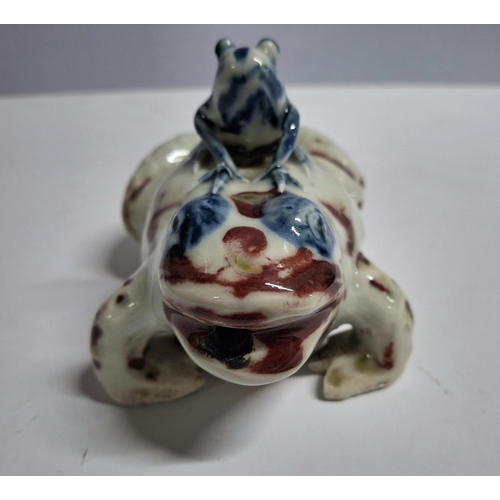 330 - Fine quality, unmarked, old Chinese pottery incense holder depicting a small frog riding on the back... 