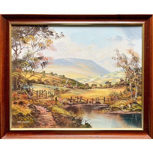 217 - John Corcoran (Nelson 20-21stC) oil on canvas, view of Pendle hill, wood framed,

The oil measures a... 