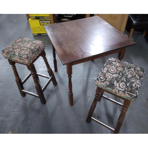 407 - Wooden bar table and 2 fabric covered chairs