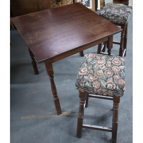 407 - Wooden bar table and 2 fabric covered chairs