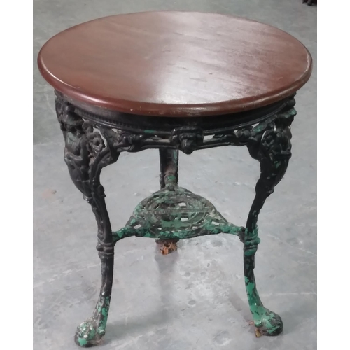 402 - Ornate, cast iron bar table with wooden top