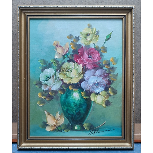 90 - An indistinctly signed still-life flowers on canvas, 34 x 26cm