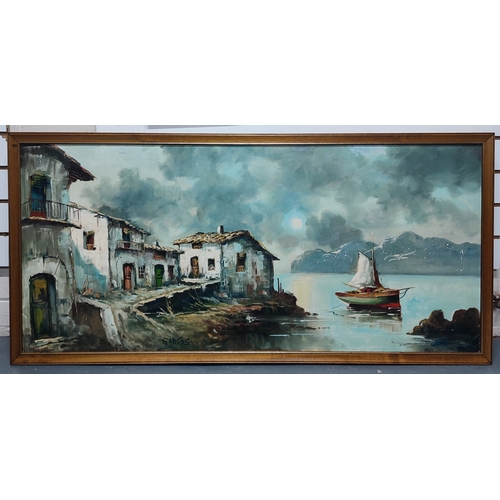 91 - Large continental harbour scene, oil on canvas signed 