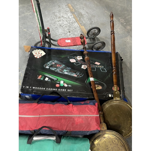 354 - 2 small tents together with a 3 in 1 casino game with tri wheel scooter and 2 long handled bedpans