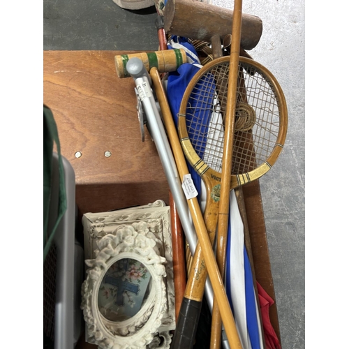 356 - Collection of tennis rackets with miscellaneous sticks including croquet mallet together with 5 smal... 