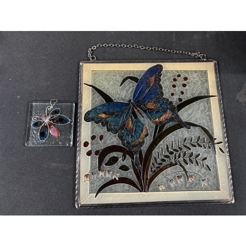 260 - Stained glass wall hanging zinc frame Butterfly and Foliage with 1 other