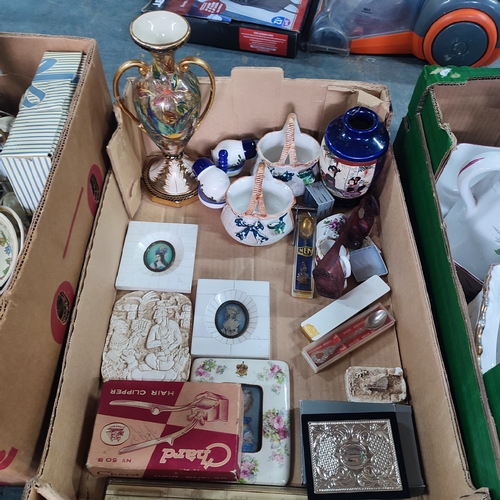 340C - Five boxes containing various ceramics and glassware including Wedgwood, ornate photoframes and vase... 