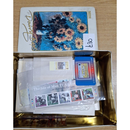 114 - Tin containing a quantity of Jersey and other channel Islands stamp packs and mint sets etc (Qty)