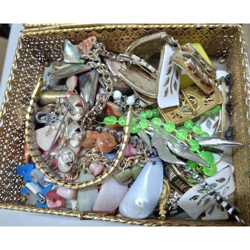 16 - Small quantity of various costume jewellery in an ornate brass box etc (Qty)