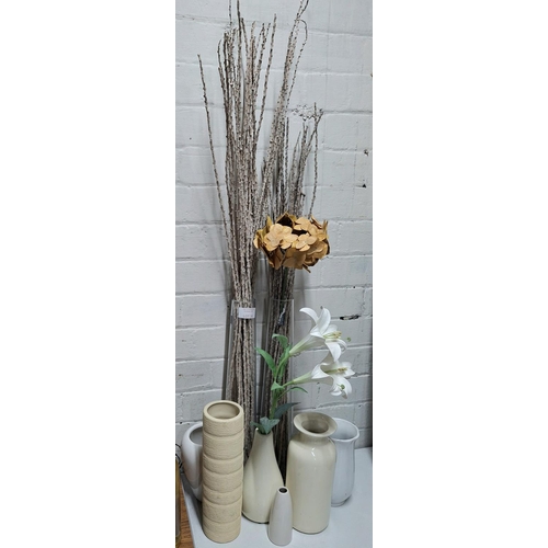 30 - Pair of tall glass vases with fake flowers along with other modern vases (Qty)