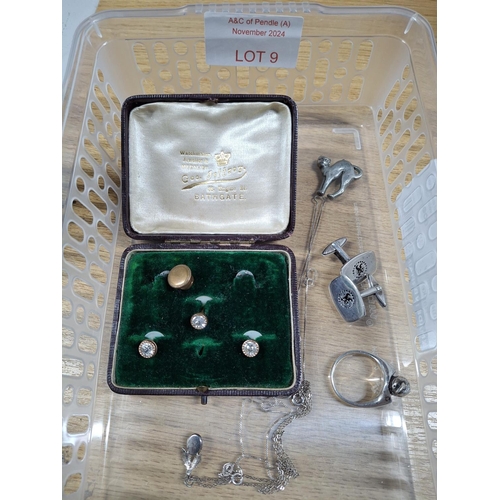 9 - Pair of hallmarked silver cufflinks, 2 fine silver necklaces and other costume jewellery