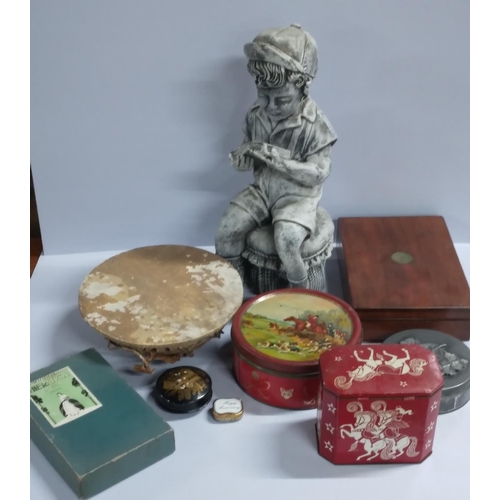 207 - Quantity of collectables to include a statue of a boy and old tins etc (Qty)