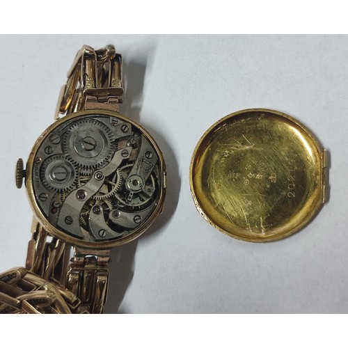 15 - ANTIQUE LADIES 9CT ROSE GOLD WRISTWATCH COMPLEATE WITH ORIGINAL 9CT GOLD EXPANDABLE STRAP, circa 192... 