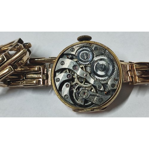 15 - ANTIQUE LADIES 9CT ROSE GOLD WRISTWATCH COMPLEATE WITH ORIGINAL 9CT GOLD EXPANDABLE STRAP, circa 192... 