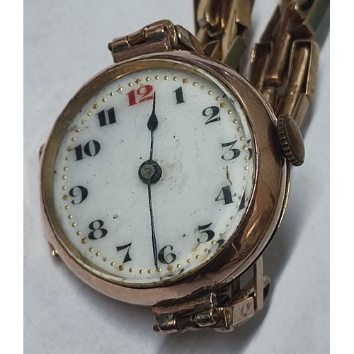 15 - ANTIQUE LADIES 9CT ROSE GOLD WRISTWATCH COMPLEATE WITH ORIGINAL 9CT GOLD EXPANDABLE STRAP, circa 192... 