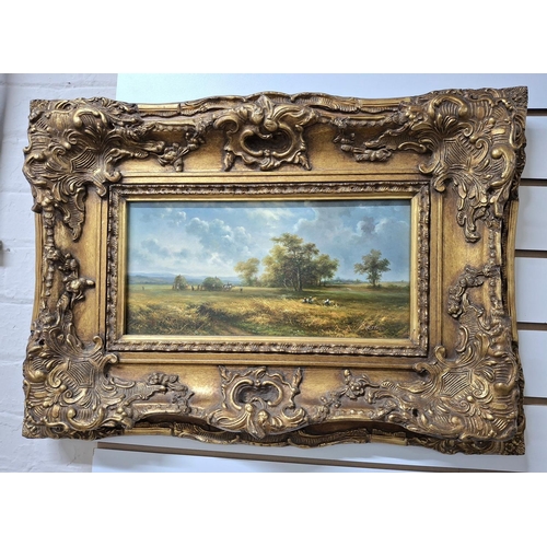 70 - Fine quality modern oil on board, harvesting scene signed R STEEN in wide gilt frame