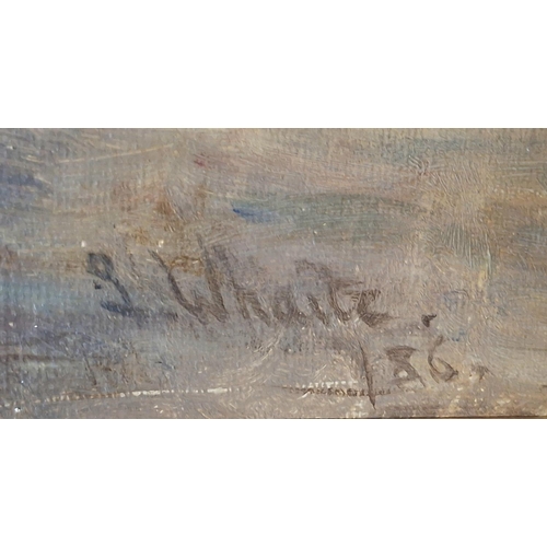 71 - L Whaite 1886 oil on canvas of two girls playing on a sandy beach in original gesso frame,

The oil ... 