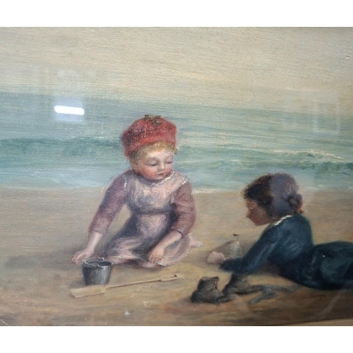 71 - L Whaite 1886 oil on canvas of two girls playing on a sandy beach in original gesso frame,

The oil ... 