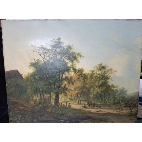 34 - Finely painted, unsigned, early 19thC Norwich school oil on board painting depicting travellers at r... 