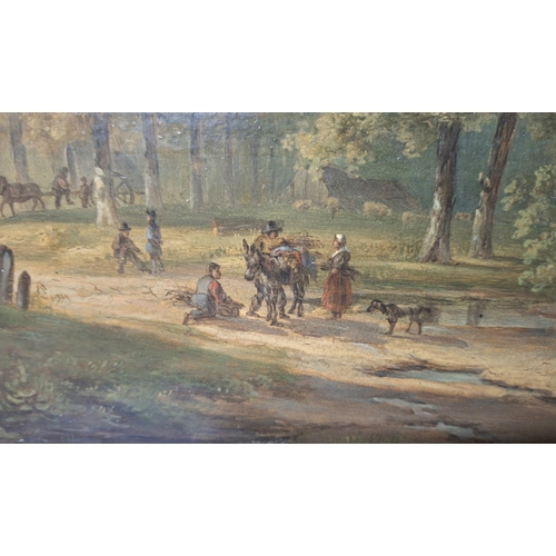 34 - Finely painted, unsigned, early 19thC Norwich school oil on board painting depicting travellers at r... 